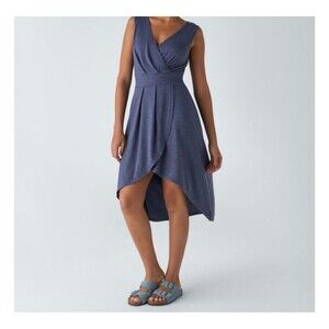 Halara  Deep V Neck Sleeveless Dress M Blue High Low Crossover Hem Flowy NWT